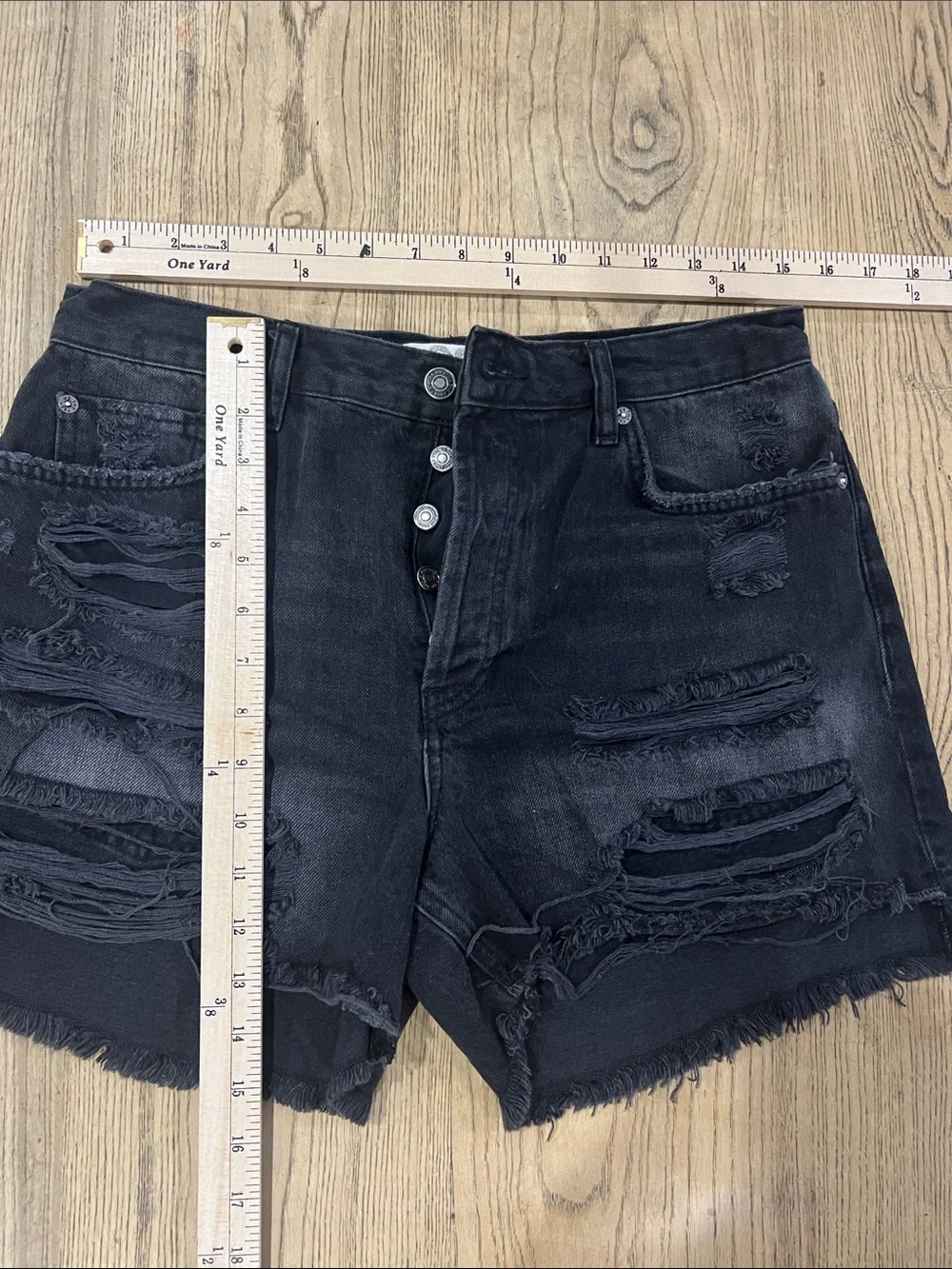 Free People Button Fly Distressed Black Denim Shorts Faded Size 28